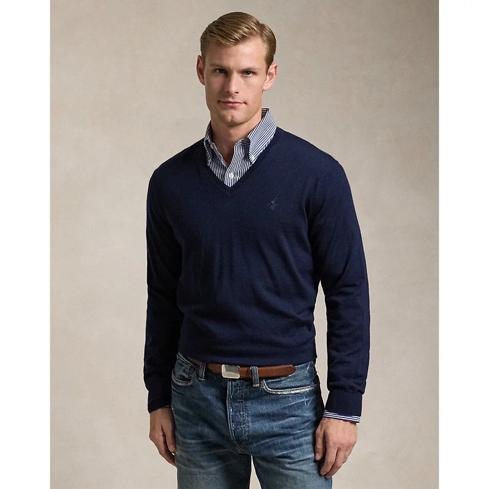 Polo Ralph Lauren 100% Merino Wool V Neck Sweater Navy‎ Blue Size L